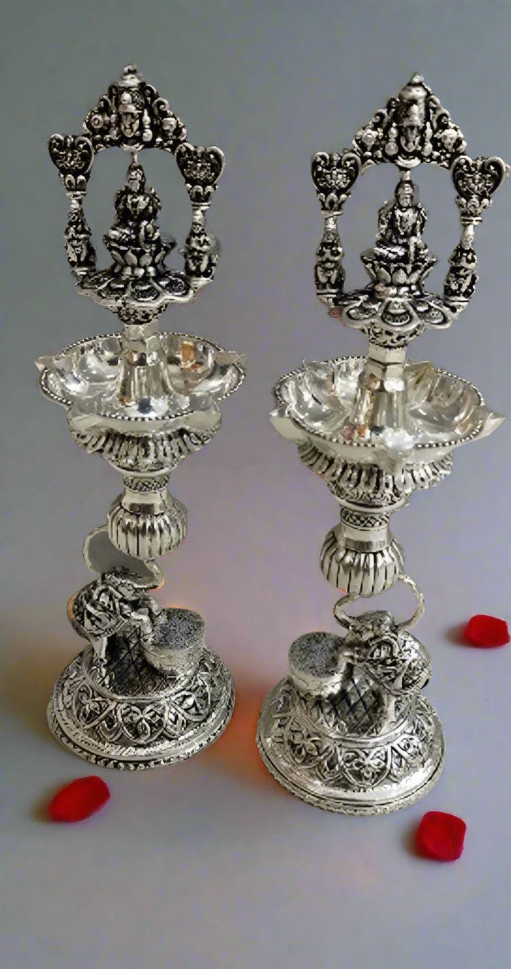 Silver Plated Lakshmi with Elephant Diya Pair Set